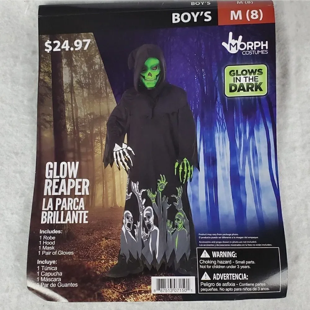 Grim Reaper Costume Size Medium Youth Glow In the Dark Scary Spooky Dress Up